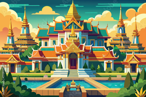 Vector art of pixel art of a thai temple complex with golden spires, pools, and a colorful sky in the background