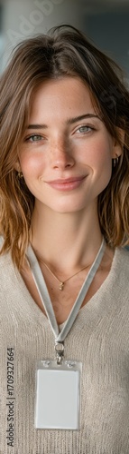 Focused businesswoman wearing simple id lanyard in professional attire ready to engage in networking and business activities with a clear expression of determination