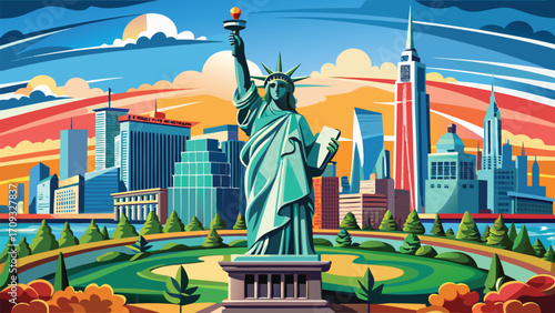 Vector art of pixel art of the statue of liberty in new york city with skyscrapers in the background on a sunny day