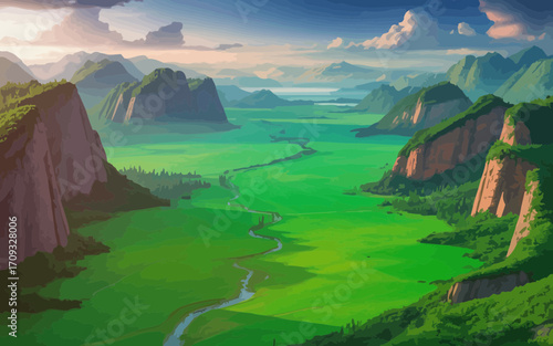 Illustration of a vast green valley surrounded by mountains and hills