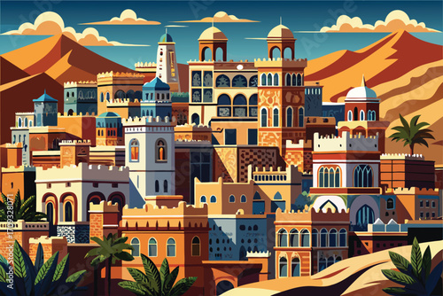 Vector art of pixel art illustration of an ancient city in a desert landscape with buildings, towers, and sand dunes at daytime