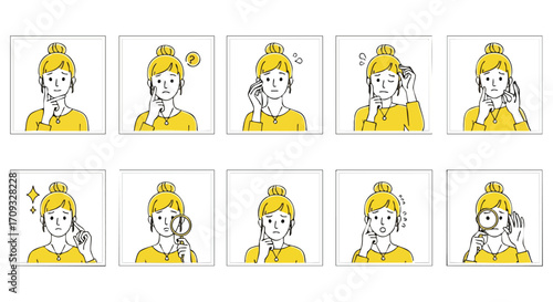 Diverse expressions of a woman showcase emotions like confusion, sadness, and thoughtful consideration