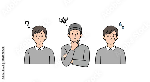 Three men in different states of pondering over a decision, illustrating thought process and uncertainty.