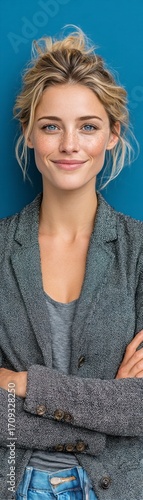 Stylish woman with blonde hair dressed in a smart casual blazer and jeans radiating confidence and approachability in a contemporary indoor setting with natural light