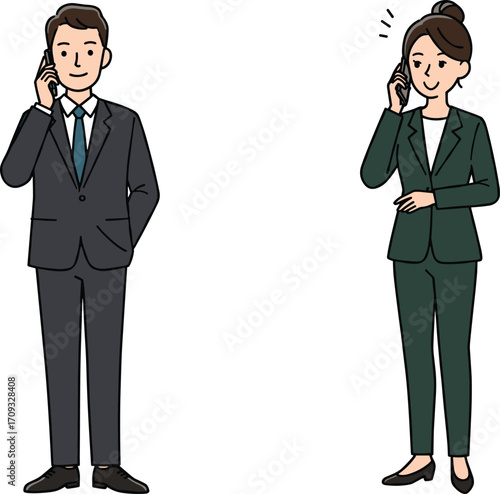 Business communication illustration, professional phone call vector, corporate conversation concept, office interaction scene, formal attire design, workplace talk moment