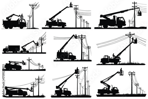 Silhouettes of utility trucks and workers on power poles 1