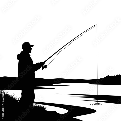 Fisherman casting rod on lake silhouette isolated on white background