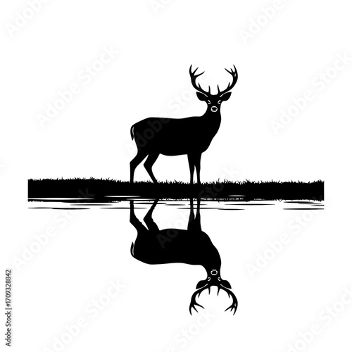 Majestic deer silhouette reflected in water isolated on white background
