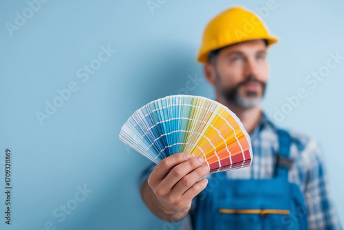  a painter holding color swatches and preparing to paint the wal 