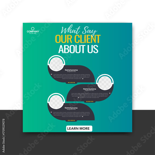 Modern and dynamic client testimonial social media template. Perfect for showcasing customer reviews and feedback in an engaging way. Fully editable vector illustration.	