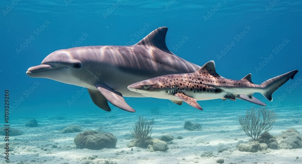 Fototapeta premium Dolphin and Leopard Shark Swimming Together in Tropical Blue Ocean