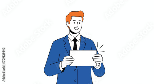 Confident businessman in suit cheerfully presents important message on blank sign for your project