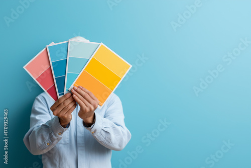  a painter holding color swatches and preparing to paint the wal 