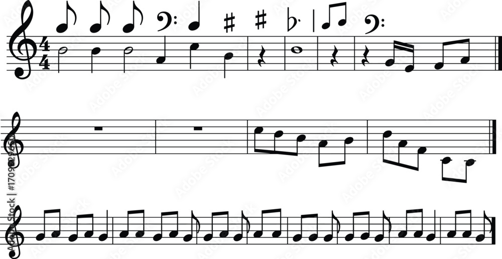 Fototapeta premium Musical notes sheet, music theory, treble clef, bass clef, musical symbols, melody line, music composition, music notation, learning music