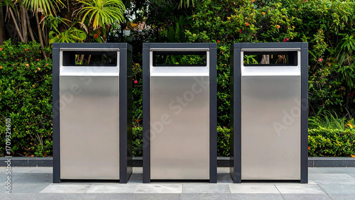 Urban Cleanliness Three Metal Trash Bins in a Lush Garden Setting