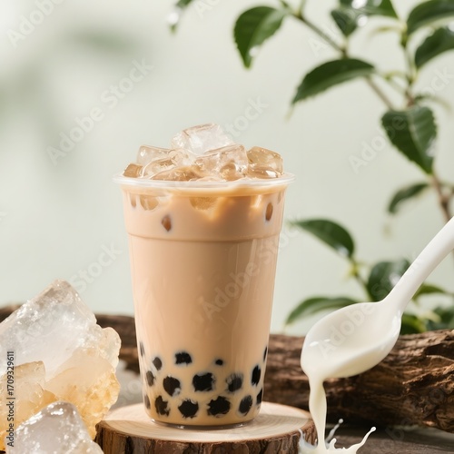 4k high quality Ai generative HD photo realistic drink ice cube sugar sweet manis minuman coklat milk soda popping bubble boba jelly brown sugar shake tea coconut coffee kelapa santan susu spoon