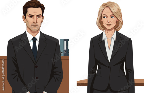 Business professionals, formal attire, office setting, corporate team, workplace illustration, vector characters, desk background, binders, professional staff, clipart