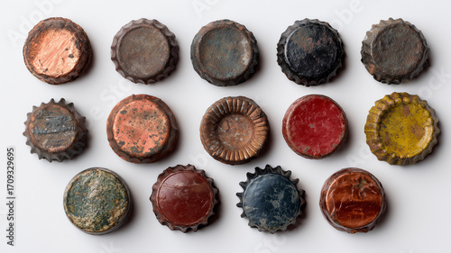 Vintage bottle caps collection on white surface