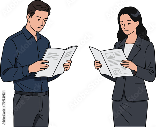 Business report reading illustration, professional document review vector, formal attire concept, office analysis scene, workplace communication design