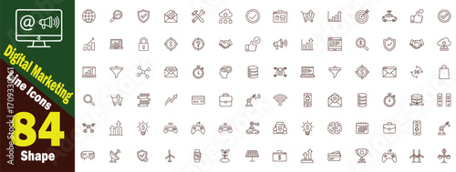 Digital Marketing Line art vector illustration Icons set. Depicting Online Business Strategies and Technology, advertising, promotion, social media, seo, content marketing, mail marketing illustration