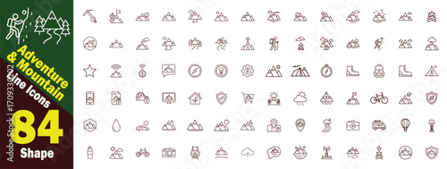 Adventure and Mountain Line art Icons set.  Collection 84 Shapes hiking, camping, nature, travel, exploration, outdoor, activity, sport, peak, summit, climbing, backpack vector illustration. 