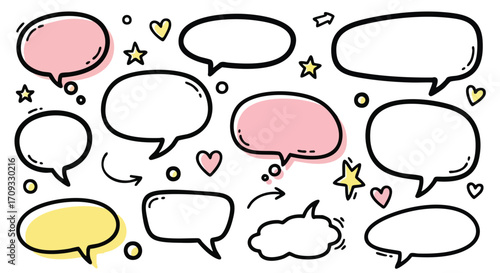Doodle speech bubbles and icons creating a vibrant, playful communication concept