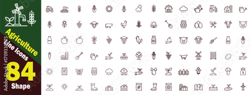 Agriculture Line art vector Icons set. Collection of 84 Shapes farming, farm, harvest, food, nature, plant, crop, animal, livestock, equipment, tools, garden, field, barn illustration. 