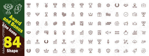 Award and Bonus editable Line Icons Set.  Celebrating Achievement with  achievement, success, recognition, reward, trophy, medal, ribbon, star, gift, box, money, coin, and Success vector illustration