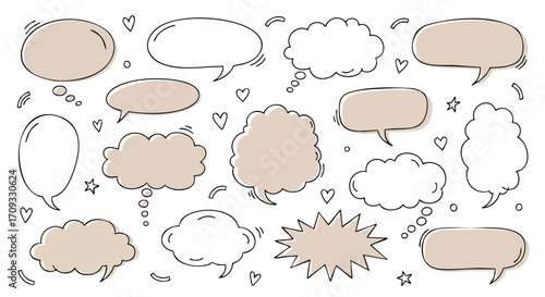 Hand-drawn speech bubbles and hearts in a charming doodle style for creative messaging