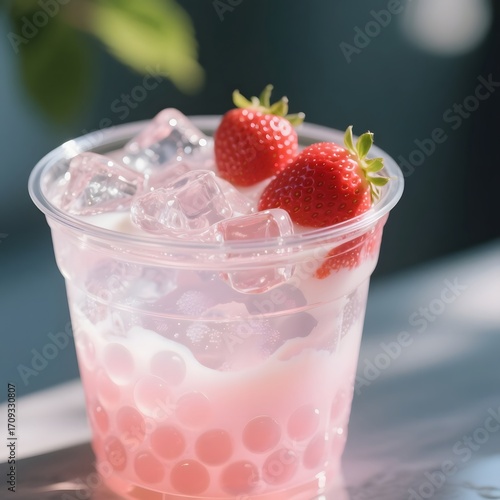 4k high quality Ai generative HD photo realistic drink ice cube sugar sweet strawberry smoothie glass manis minuman pink milk soda popping bubble boba jelly mocktail cocktail