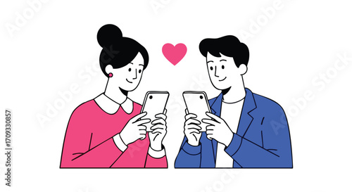 Young couple using smartphones to connect and share love online in modern flat vector illustration