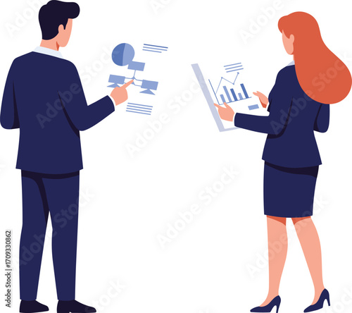 Digital data illustration, business analytics vector, professional report concept, chart interaction scene, corporate visualization design, modern office analysis
