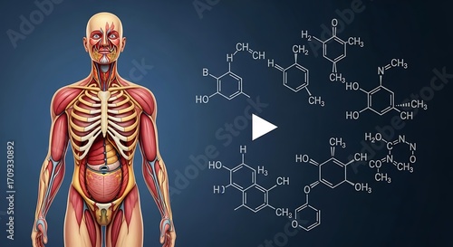 Detailed anatomical human figure model overlaid with complex chemical structures, showcasing intricate molecular and bodily components.