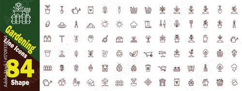Gardening and Agriculture Activities icons set. Collection of 84 Outline Icons of gardening, agriculture, plant, flower, shovel, trowel, birdhouse, plant, garden, tool, watering, isolated concept. 