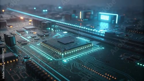 Wallpaper Mural Futuristic Microchip Circuit Board with Glowing Blue Lights Torontodigital.ca