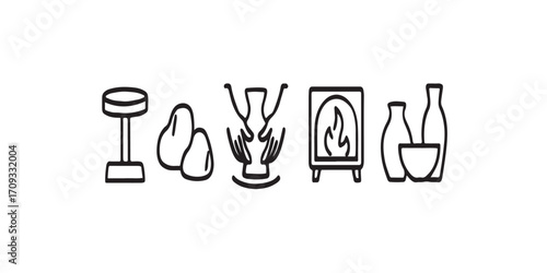 Print   Minimalist Pottery Tools Icon Set – Line Art Vector of Wheel, Clay, Kiln, Hands, and Vases for Modern Design
