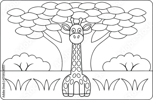 A cartoon giraffe stands calmly in a simple African savanna scene