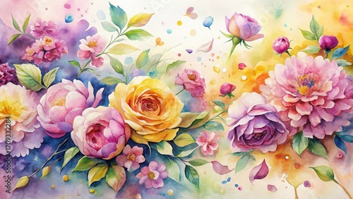 Vibrant Watercolor Painting of a Bountiful Floral Arrangement Featuring Roses, Peonies, and Other Blossoms in a Burst of Color and Light