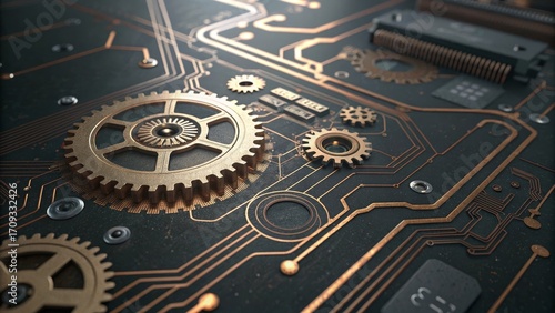 Wallpaper Mural Industrial Steampunk Circuit Board with Golden Gears Technology Background Torontodigital.ca