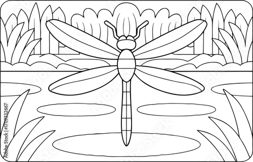 A dragonfly rests peacefully above a pond, surrounded by lush vegetation in a minimalist line