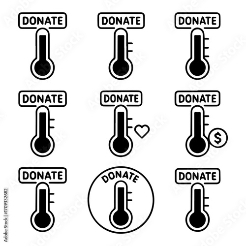 Donation Thermometers with Heart Dollar Sign and Circle Variations in Black and White.