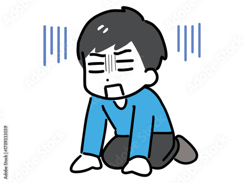 床に手を付いて落ち込む私服の若い男性(全身)