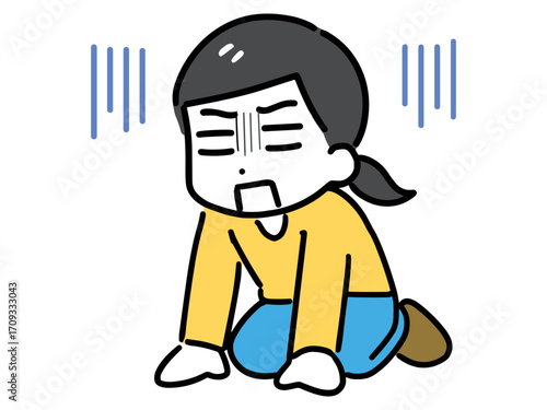 床に手を付いて落ち込む私服の若い女性(全身)