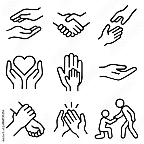 Line Art Depicting Gestures of Hands Support Love and Connection.
