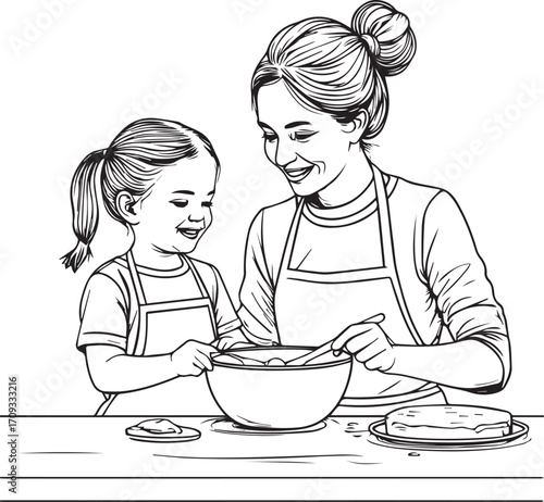 Mother and daughter baking together outline drawing kitchen family moment