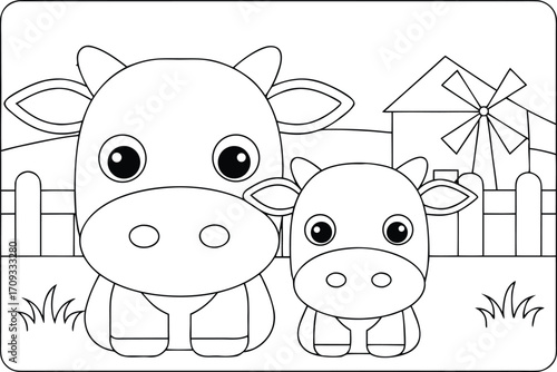 A mother cow and her calf sit peacefully by a farm fence and windmill