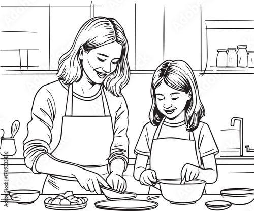 Mother and daughter baking together outline drawing kitchen family moment