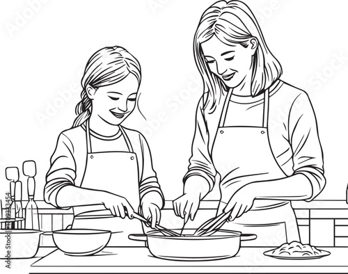 Mother and daughter baking together outline drawing kitchen family moment