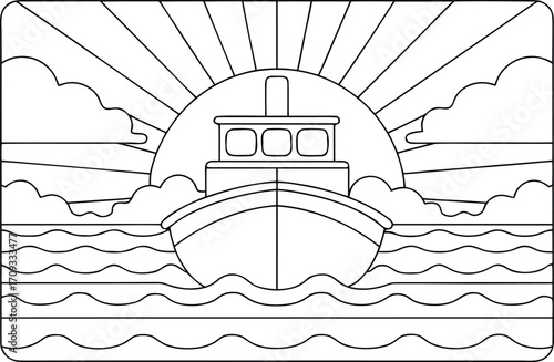 A ship sails peacefully at sunset, depicted in a minimalist line art style