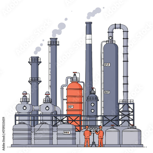 A vibrant 2D flat vector shows an oil refinery featuring pipes, distillation columns, and storage tanks, with workers in safety gear monitoring gauges.